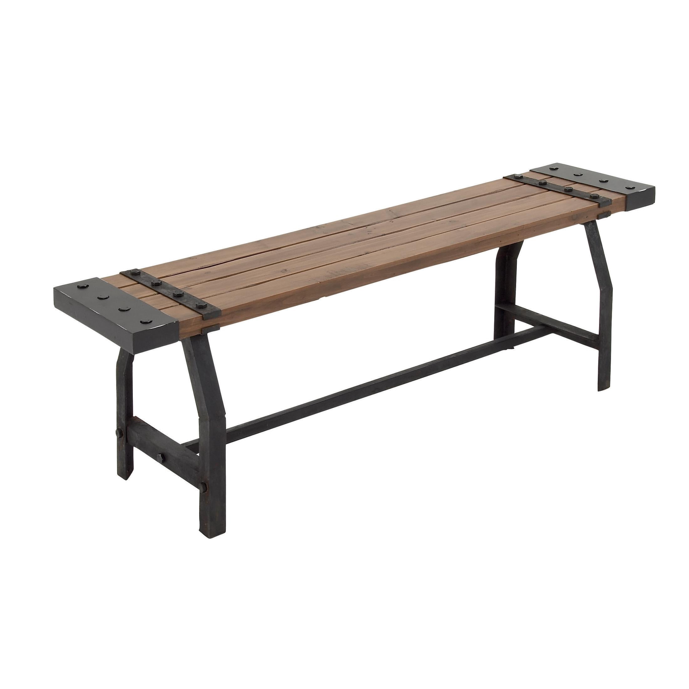 DecMode Wood Slatted Bench with Black Metal Base and Studs, Brown