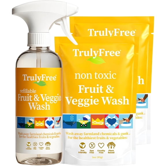 Fruit and Vegetable Wash - Veggie Wash Removes 99% of Dirt & Wax | Plant-Based Produce Cleaner Spray | No Aftertaste, Refillable, Made in USA | Fragrance-Free, 16oz