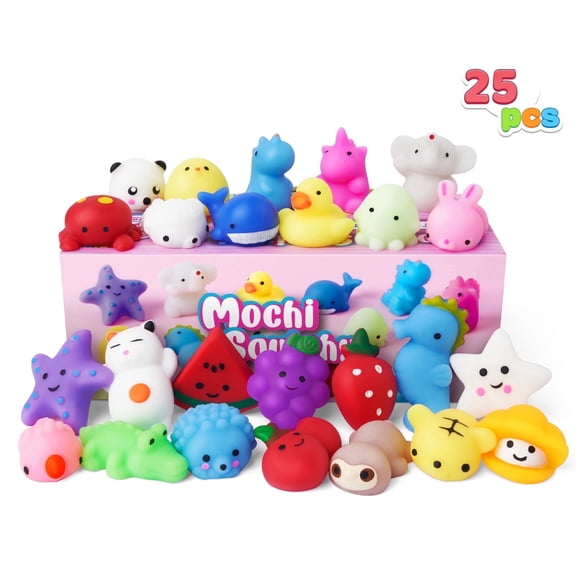 Joyfy 25 Pcs Mochi Squishy Toys for Kids Mini Kawaii Squishies Fidget Toys Animals & Fruit Stress Relief Toys for Birthday Party Favors, Classroom Prizes, Pinata Filler