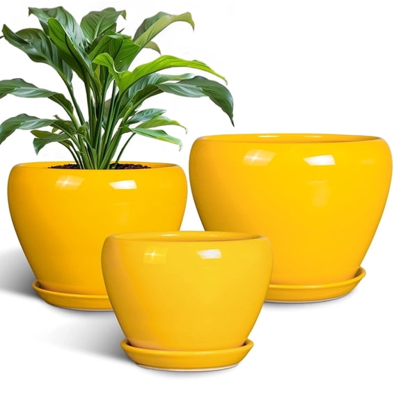 Nordic Style Large Ceramic Planter 3-Piece Set (10/8/6 Inch) -Ordivic Round Plant Pots with Drainage for Indoor Outdoor Flowers, Decorative Garden Room Home Decor, Housewarming Gifts, Yellow