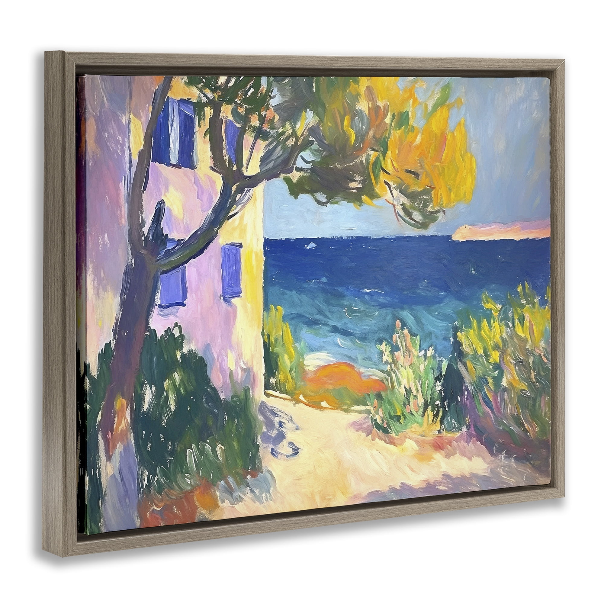 Stupell Industries House On Coastline Coastal Painting Brown Floater Framed Canvas Art Print Wall Art, 21 x 17