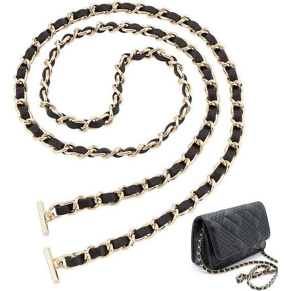 Leather Purse Chain Strap 48 Inch PU Leather Woven Crossbody Replacement Strap with Toggle Clasp Iron Flat Chain Strap Handbag Chain Accessories for DIY