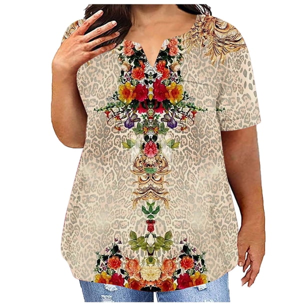 Fiudx Ofertas Del Día Camiseta Holgada de Manga Corta con Cuello Redondo y Estampado Informal Grande para Mujer