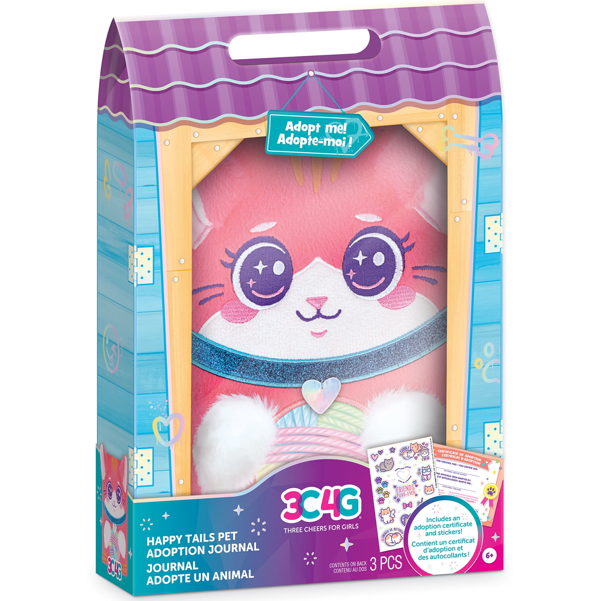 3C4G: Happy Tails Pet Adoption Journal - Cat - Pink Fuzzy Plush Diary, 3D Ears & Paws, Stickers, Custom Animal Adoption Certificate, Girls & Kids 6+