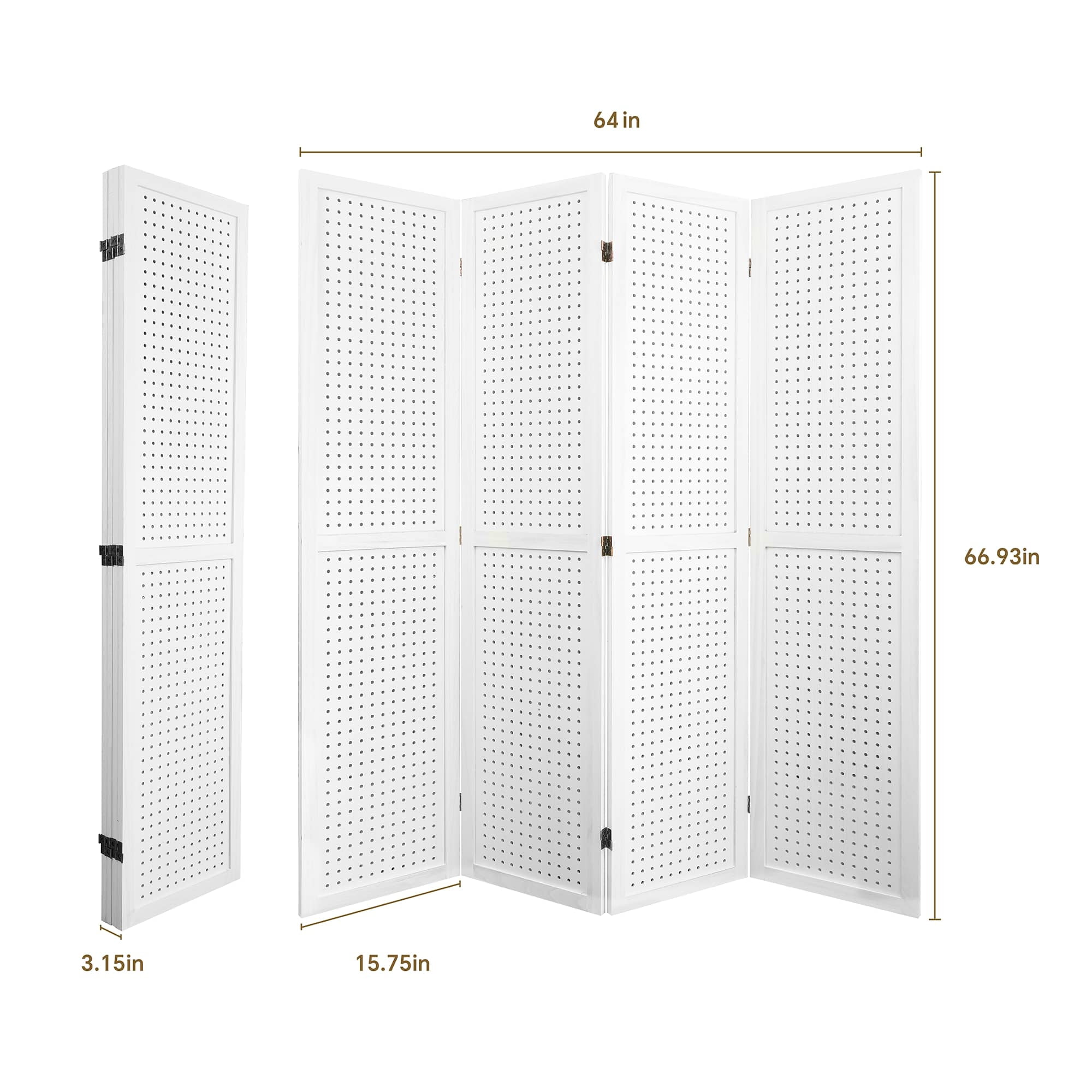 MAYEERTY 4 Panel Freestanding Room Divider, 5.6Ft Wooden Privacy Screen with Shelves, White