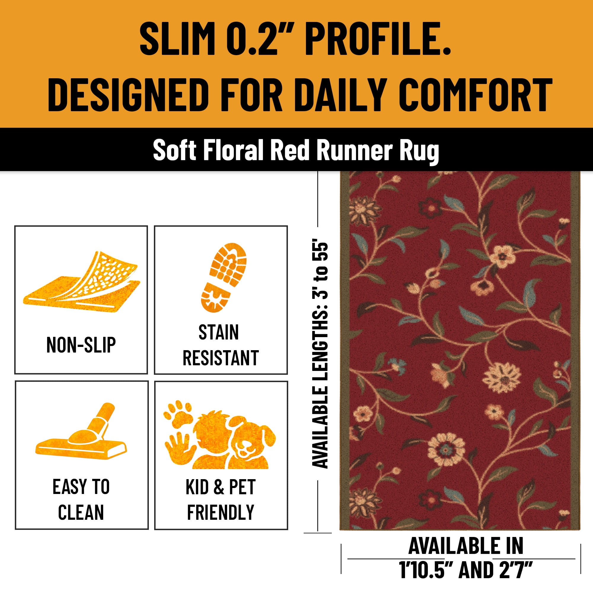 Ottomanson Extra Long Runner Rug 1'10.5" x 25' – Non-Slip Low Pile Hallway Carpet, Floral Red