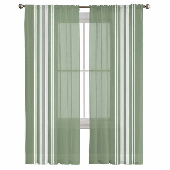Dark Sage Green Semi Sheer Curtains 108 Inch Length 2 Panels Set, Farmhouse Sage Green White Striped Sheer Kitchen Curtain Privacy Voile Window Curtain for Living Room Bedroom Rod Pocket Drapes