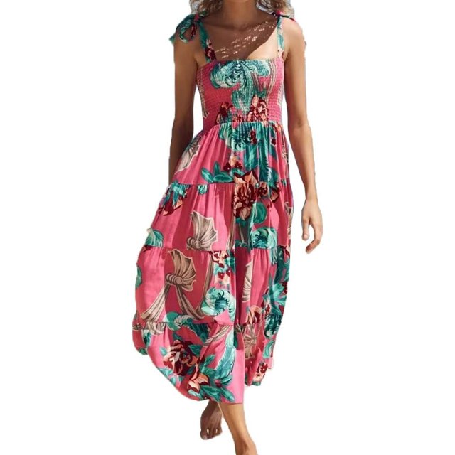 Brewee Robe Boho à Imprimé Floral d'Été 2024 pour Femmes, Bretelles Spaghetti, Volants, Ligne A, Longue Robe Maxi de Plage