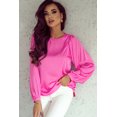 thumbnail image 1 of Women's Pink Satin Puff Long Sleeve Crewneck Blouse, 1 of 5