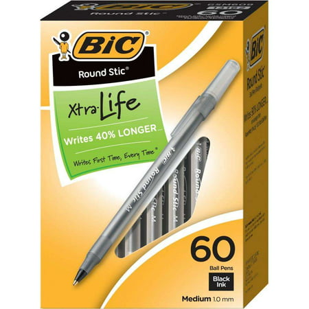 BIC Round Stic Xtra Life Ball Pen, Medium Point (1.0mm), Black, 60 (Best Type Of Pen For Writing)
