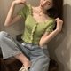 thumbnail image 4 of Camisa elegante verde ajustada con volantes y cuello en V de verano para mujer, 4 of 8