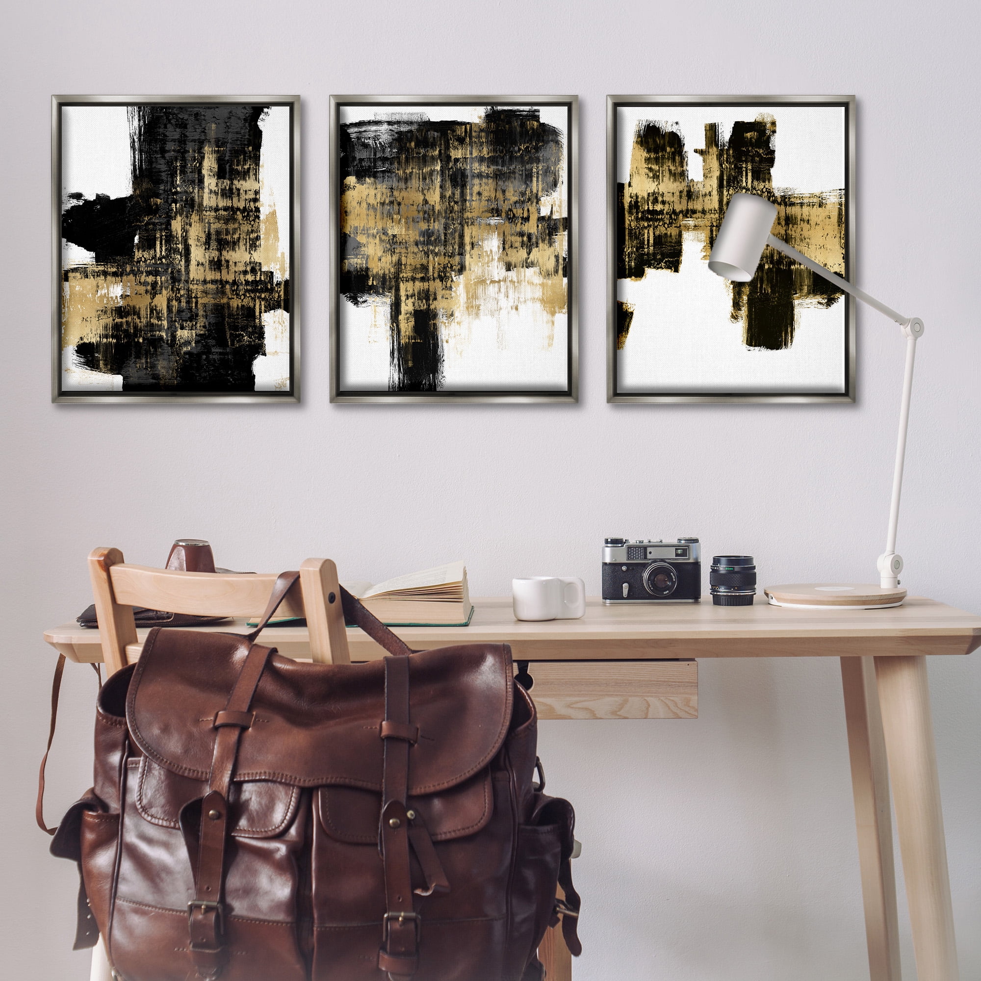Stupell Industries Bold Black Brushstrokes with Gold Abstract Painting Gray Floater Framed Canvas Art Print Wall Art, 25 x 31, Set of 3