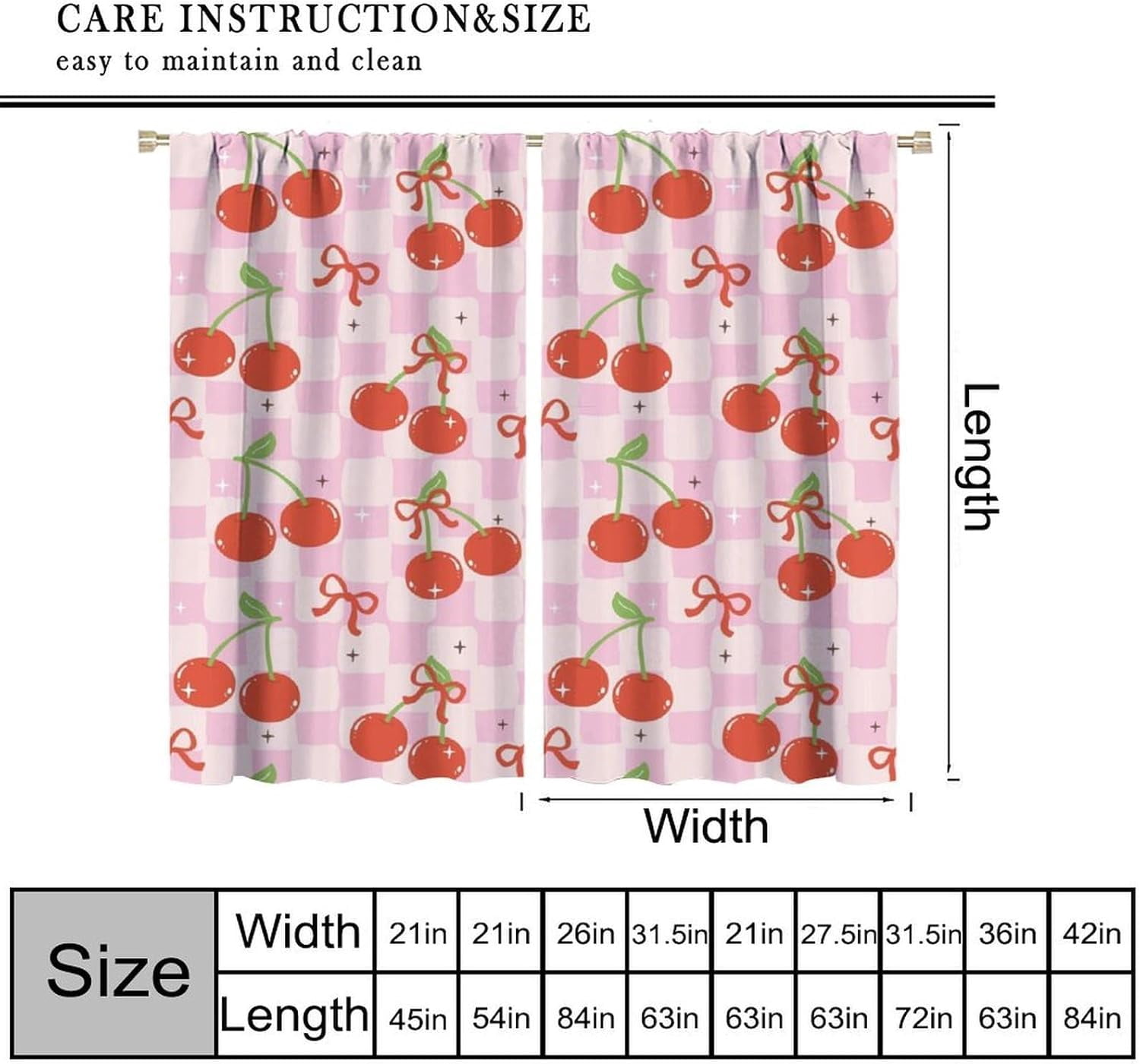 Cute Bow Curtains, Retro Pink Cherkered Cartoon Red Cherries Bows Aesthetic Modern Print Window Treatments for Kids Girls Bedroom Livingroom Bathroom, 42" W X 54" L
