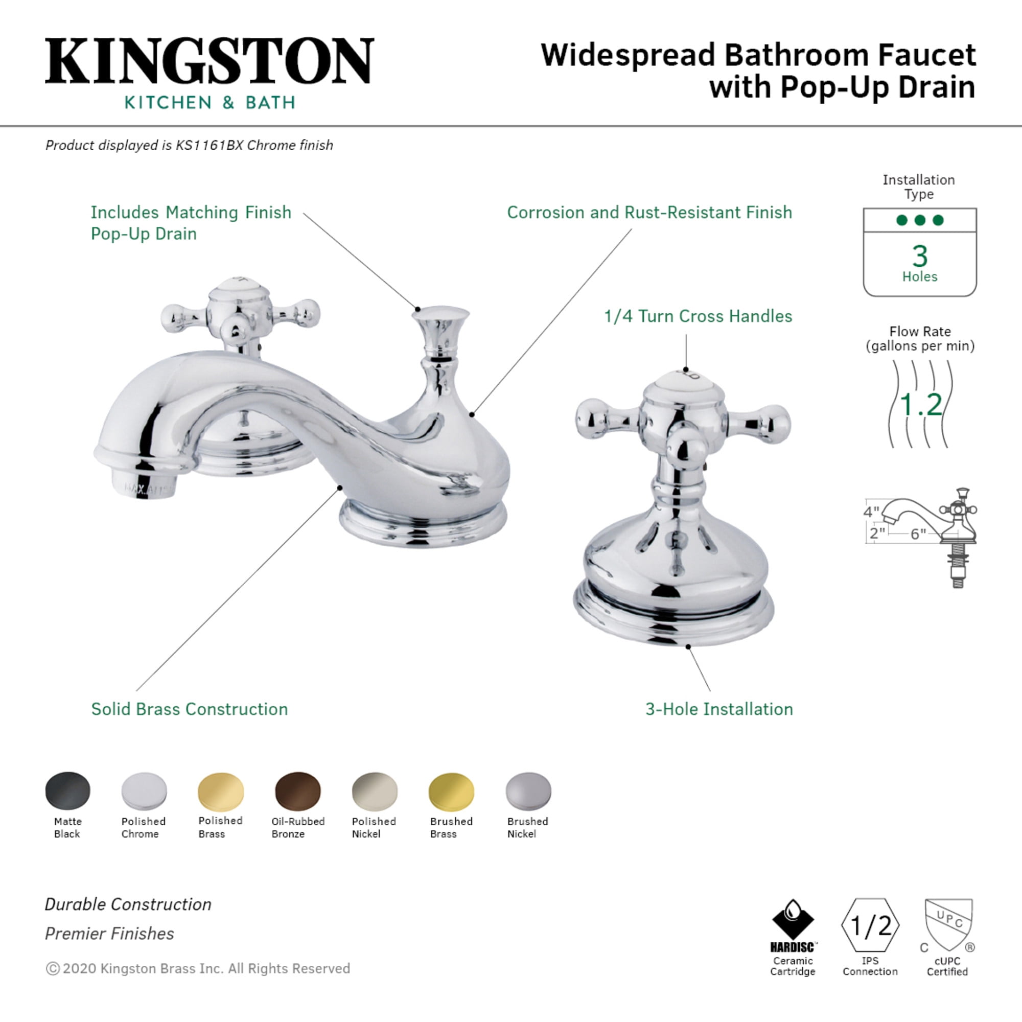 Kingston Brass KS1168BX Vintage Two-Handle 3-Hole Deck Mount Widespread Bathroom Faucet with Brass Pop-Up in Brushed Nickel