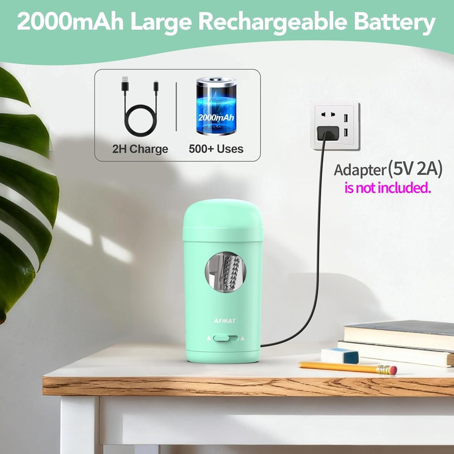 AFMAT Electric Pencil Sharpener, Fully Automatic Pencil Sharpener for 7-8mm Pencils & Colored Pencil, Auto in & Out, Rechargeable Vertical Hands-Free Sharpeners for Classroom/Home/Office,Green