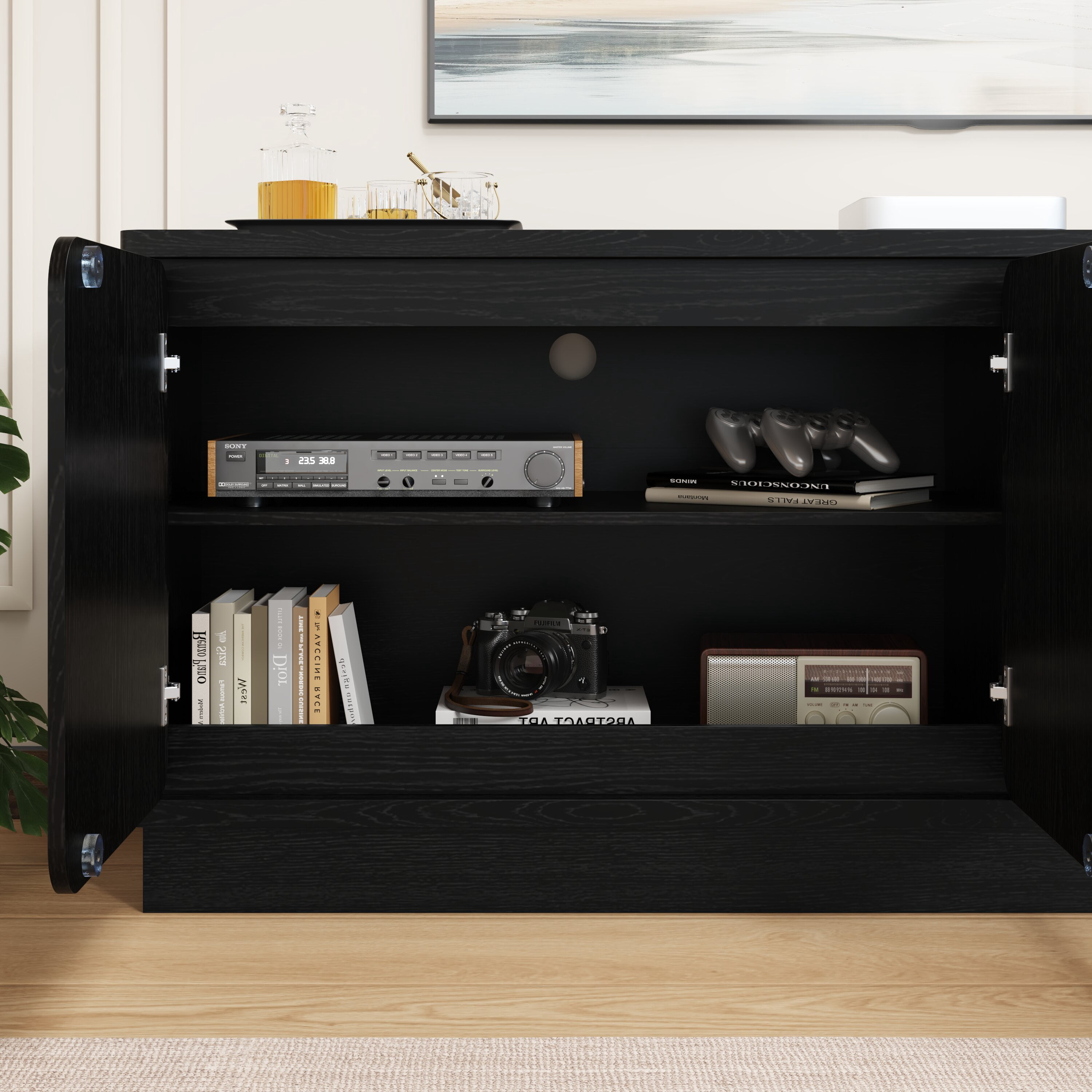 Mintazer 63'' TV Stand with 4 Storage Doors, Low Profile Storage Media Console Table with Cable Holes for Living Room, Kitchen, Bedroom & Entryway, Black