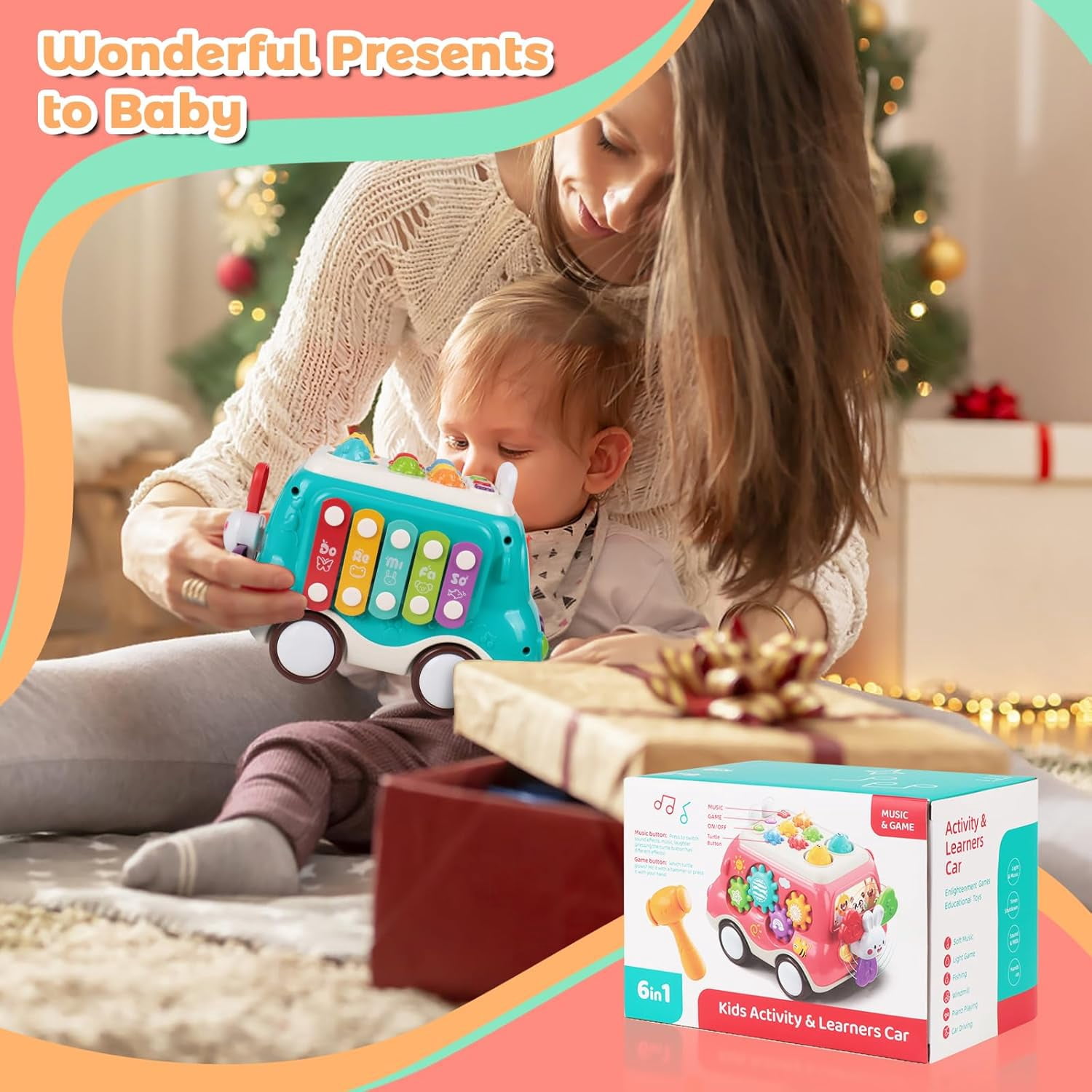 Baby Montessori Toys,6-in-1 Musical Bus Toys for Toddlers,Montessori Sensory Toys with Xylophone,Whack A Mole,Fishing Game,Montessori Sensory Toys for 2 3 4 Year Old,1st Birthday Gifts for Girls Boys