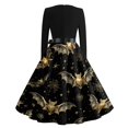 thumbnail image 4 of Women's Halloween Dress Bat 1950s V-Neck Fashion Swing Dress Bone Cocktail Long Sleeve Novelty Dresses with Belt L, 4 of 7