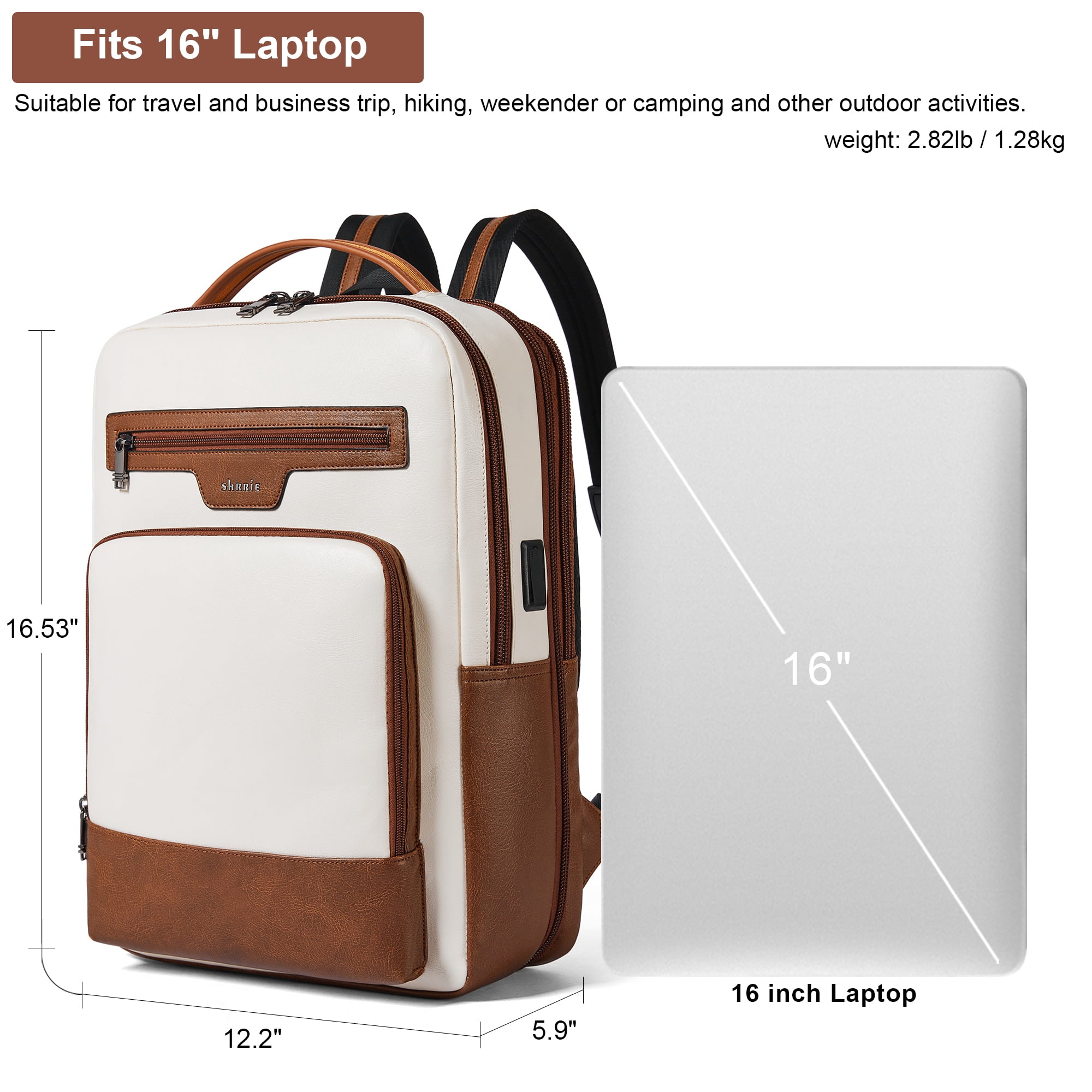 Shrrie Leather Laptop Backpack for Women and Men,28 L Travel Backpack Computer Bag Fits 16 inch Laptop,Expandable Casual Daypack with USB Charging Port for Work Business Weekender College