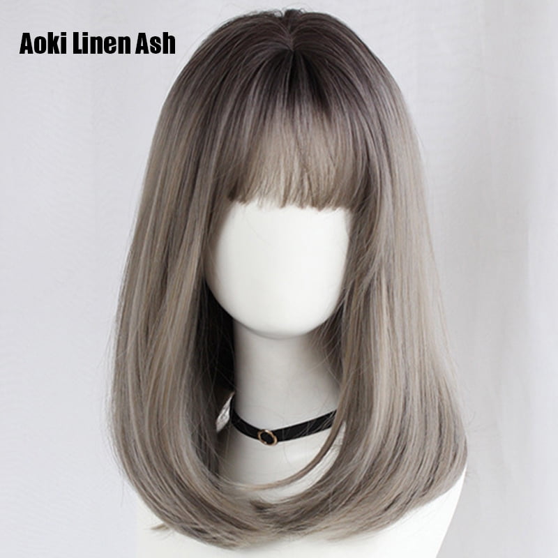42cm Short Straight Full Wig Bobo Style Medium Hair Extension with Air  Bangs Japanese and Korean Clip-free Wig Headgear 