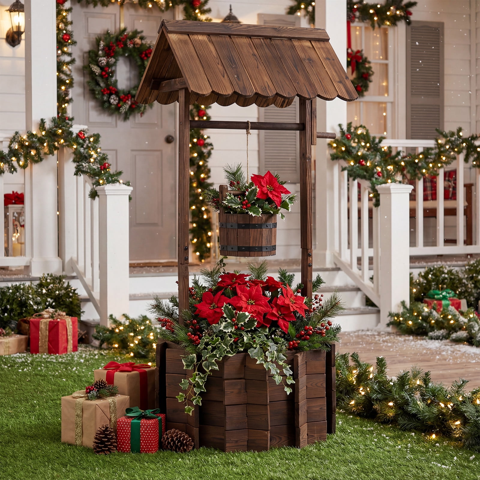 Costway Outdoor Wooden Wishing Well Bucket Flower Plants Planter Patio Garden Home Decor