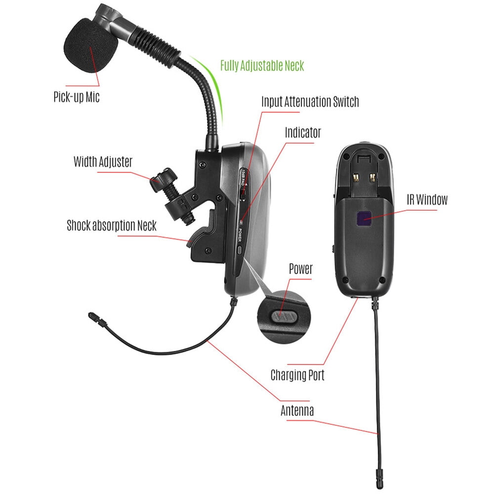 Baomic BM-12/V2 Professional UHF Wireless Instrument Microphone System Receiver & Transmitter 16 Channels for Sax Saxophone French Horn Trumpet Trumbone
