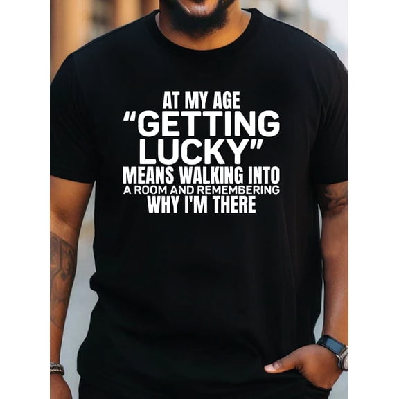 [Cotton T-shirt] 100% Cotton Plus Size Men's "Getting Lucky" Graphic Print T-shirt | Summer Outdoor Sports Short Sleeve Tees For Males, 1 pc