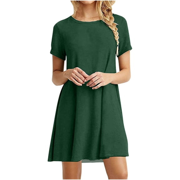 Arnsht Summer Dresses for Women Solid Color Cotton Linen Casual T Shirt Crewneck Petal Sleeve Swing Vacation Dress Green L