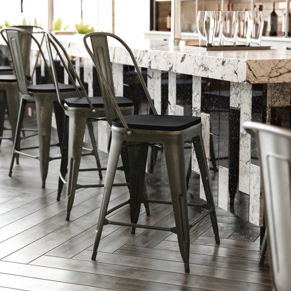 Emma Oliver Distressed Copper Metal 24" High Counter Height Stools with Backs and Black Polystyrene Seats for Indoor/Outdoor Use