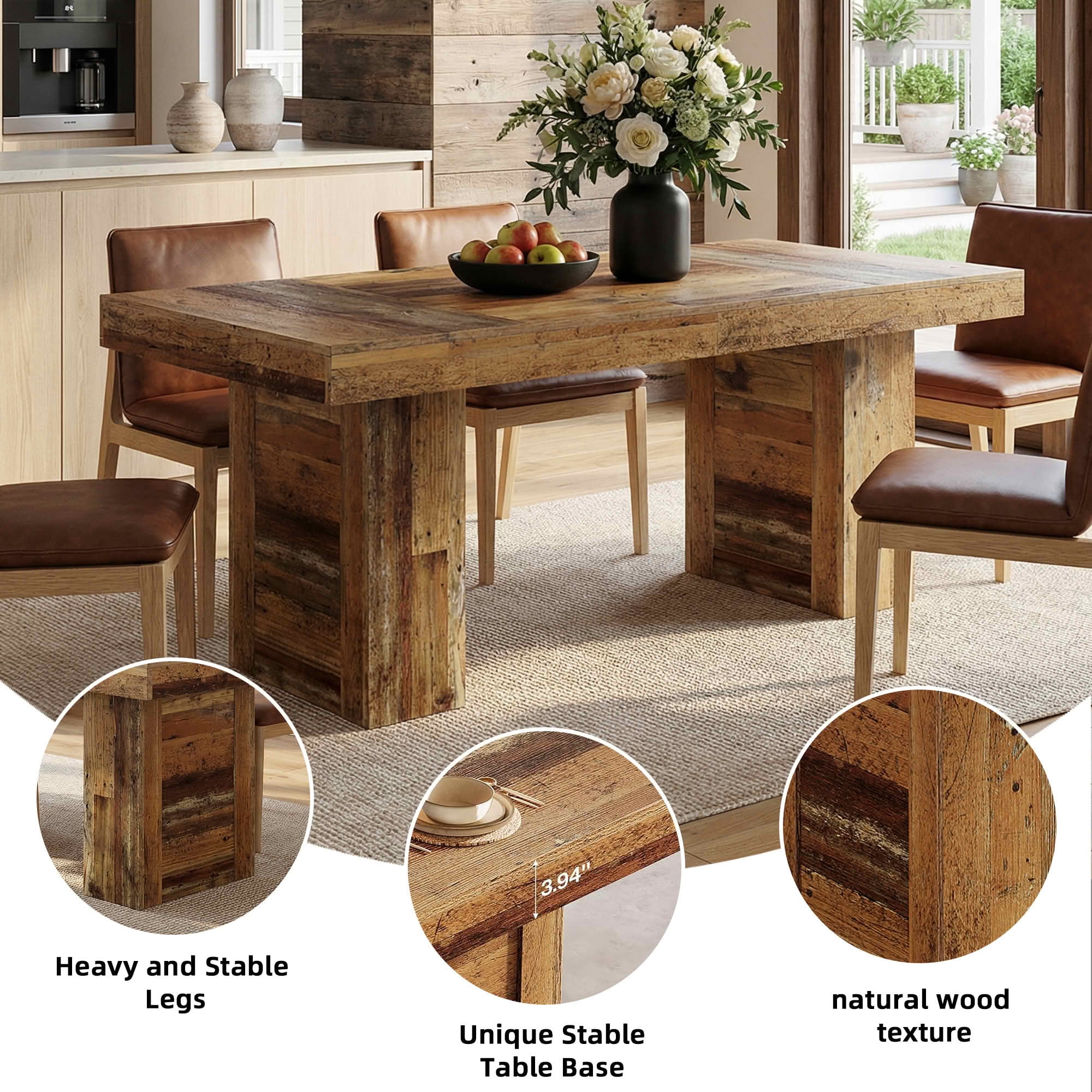 MAYEERTY 63 Inch Rectangular Farmhouse Dining Table, Patchwork Wood Grain Kitchen Dinner Table with Slatted Wide Legs for 6 People
