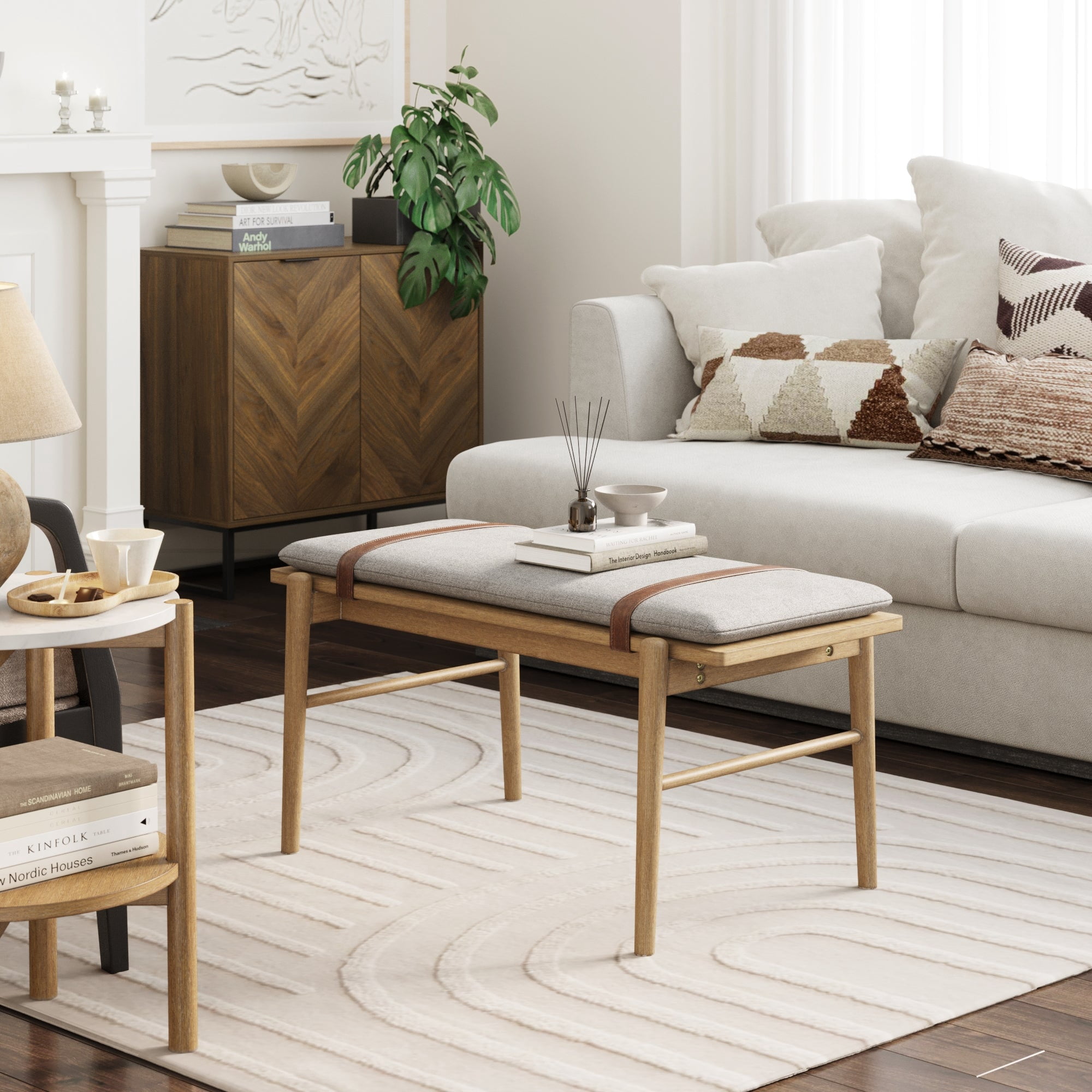 Nathan James Gugan Mid-Century Light Brown Bench with Removable Ivory Cushion for Bedroom and Hallway