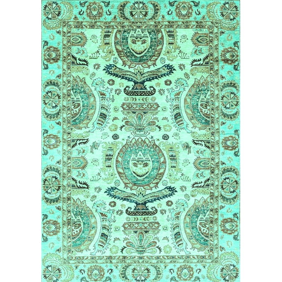 Ahgly Company Machine Washable Indoor Rectangle Abstract Turquoise Blue Modern Area Rugs, 7' x 10'