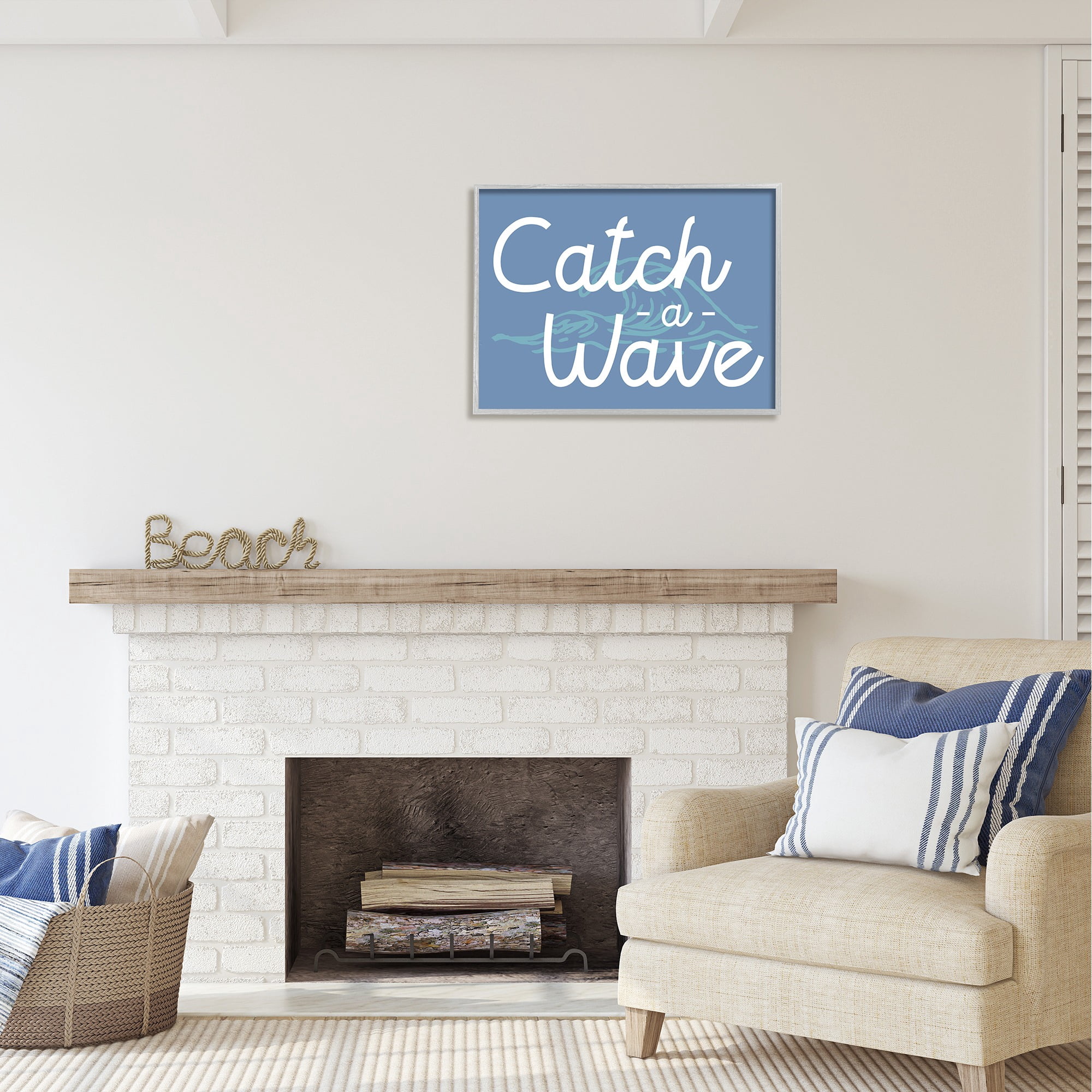 Stupell Industries Catch a Wave on Blue Landscape Painting Gray Framed Art Print Wall Art, 30 x 24