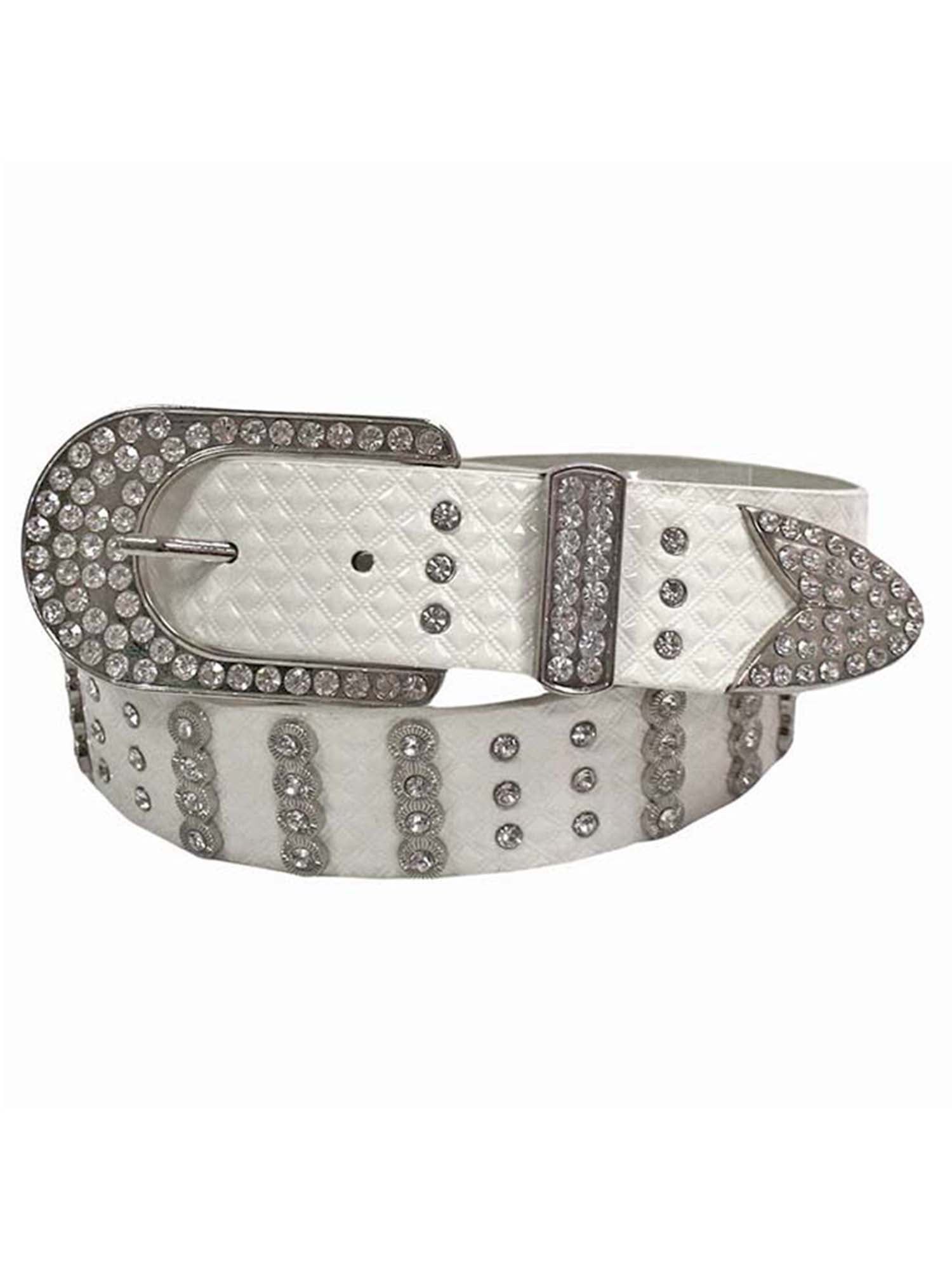 4430 1.5" WIDE WHITE BELT W/3 ROWS OF SILVER PYRAMIDS & CHAIN IN SIZES UP TO 3XL 