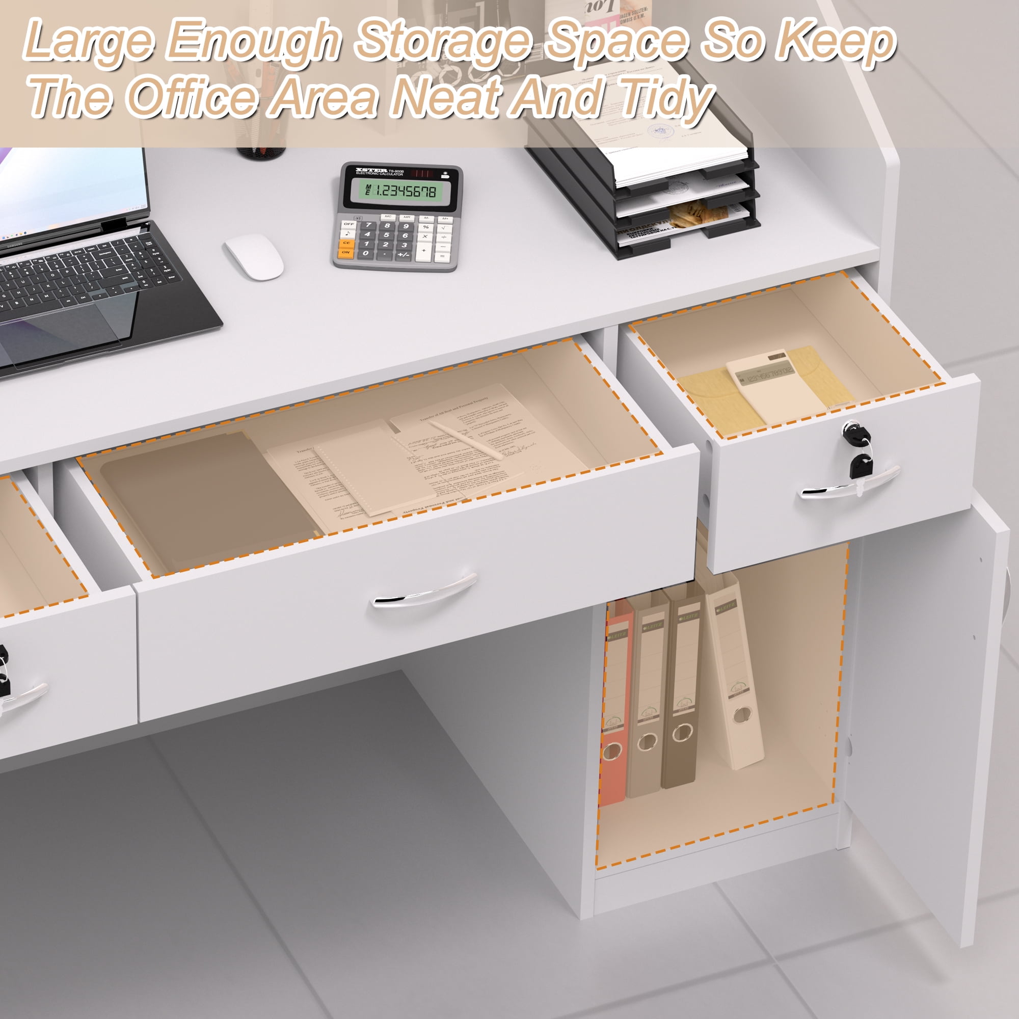 HARIPUL 50-inch Reception Desk with Counter, Front Desk Office Desk with Storage Shelves, White