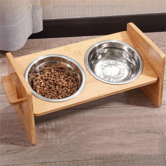 WEISIPU Elevated Stainless Steel Dog Food Pot Holder, Adjustable Tall Dog Food Tray, Tilting Bamboo Wooden Dog Feeder