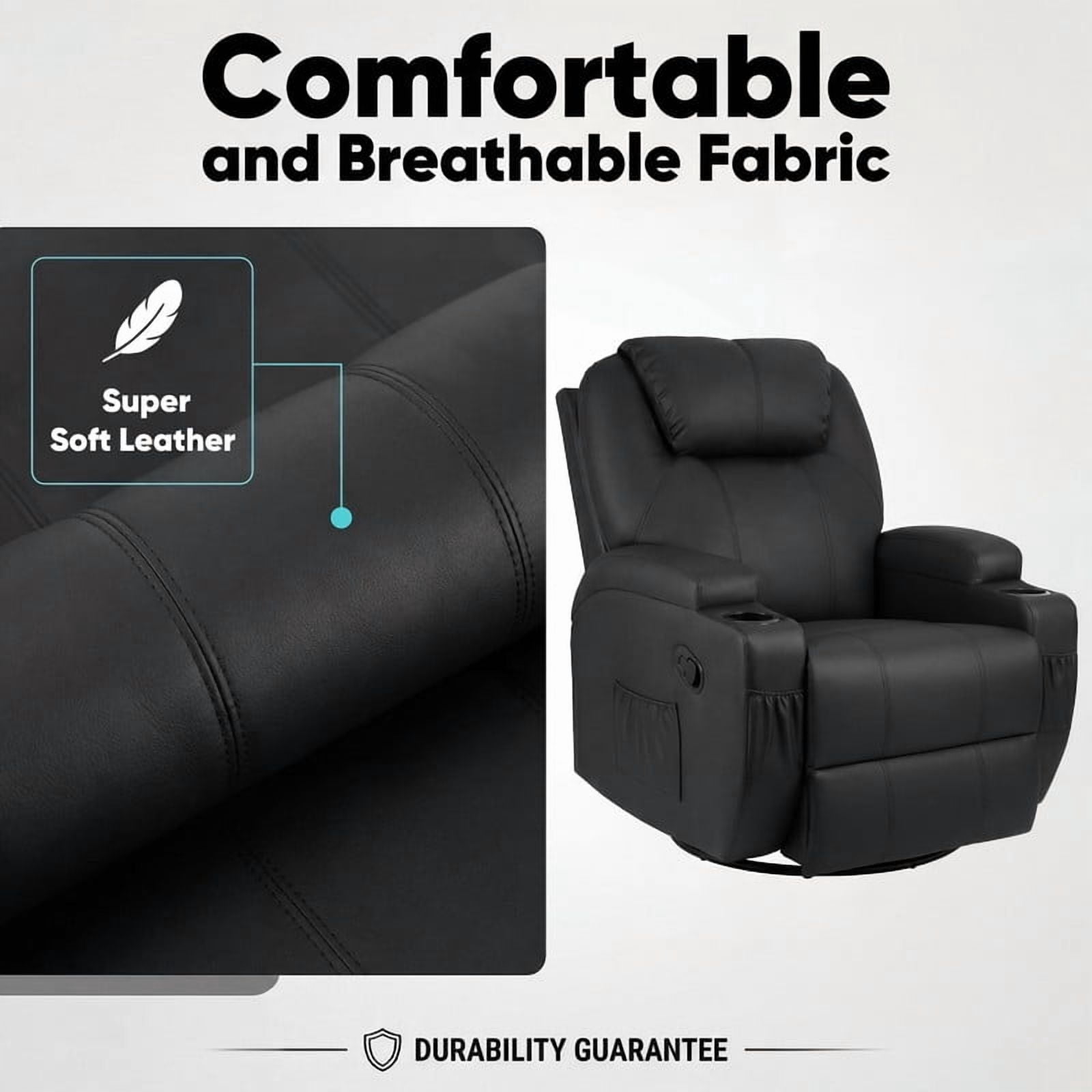 Lacoo PU Leather Swivel Rocker Recliner with Massage for Living Room Small Spaces Lounge Recliner Chair with Side Pockets for Adults,PU Black