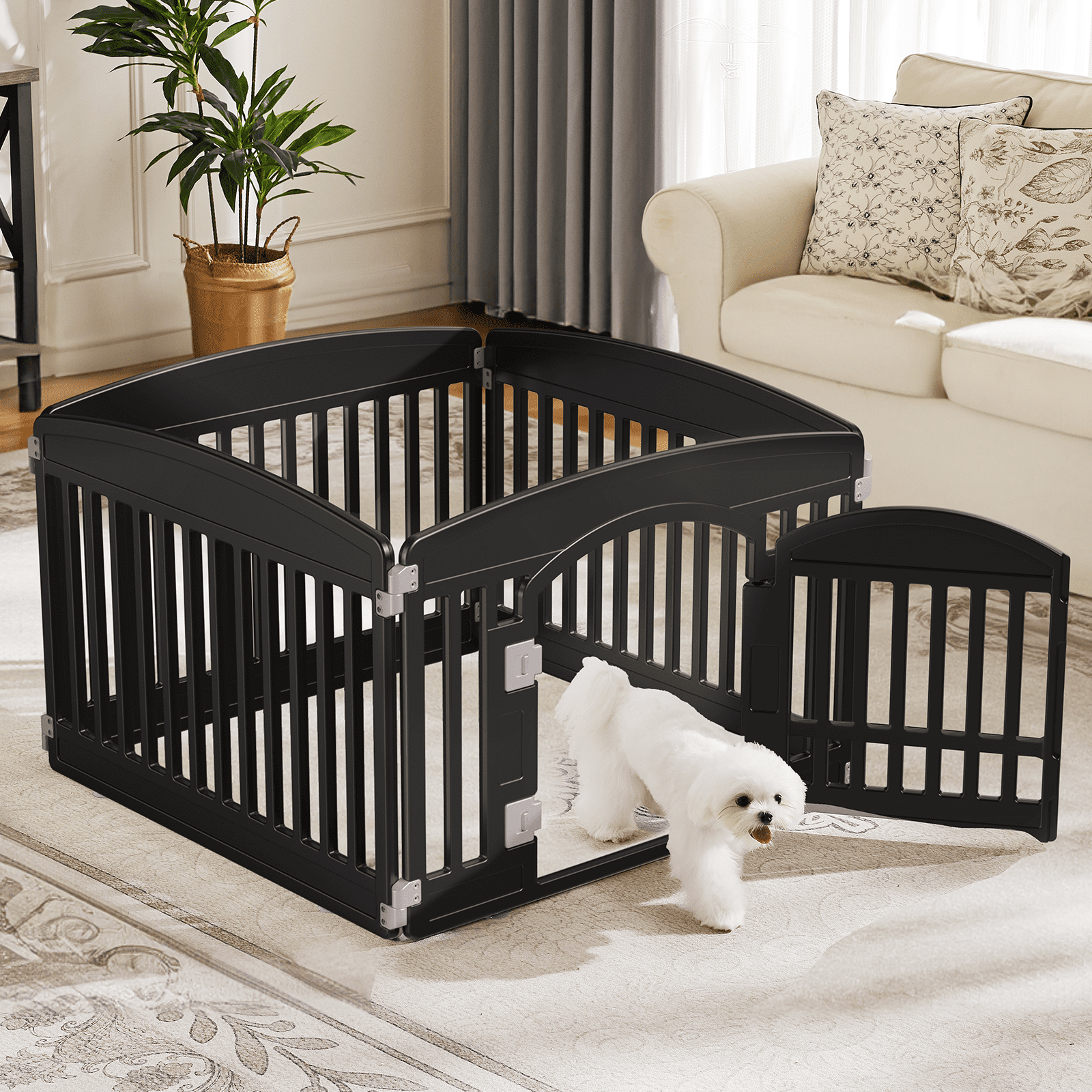 Euqvunn Plastic Dog Playpen, 24" 4-Panel Pet Pen with Door, Folding & Portable, Easy to Clean, for Small to Medium Dogs, for Indoor & Outdoor, Black
