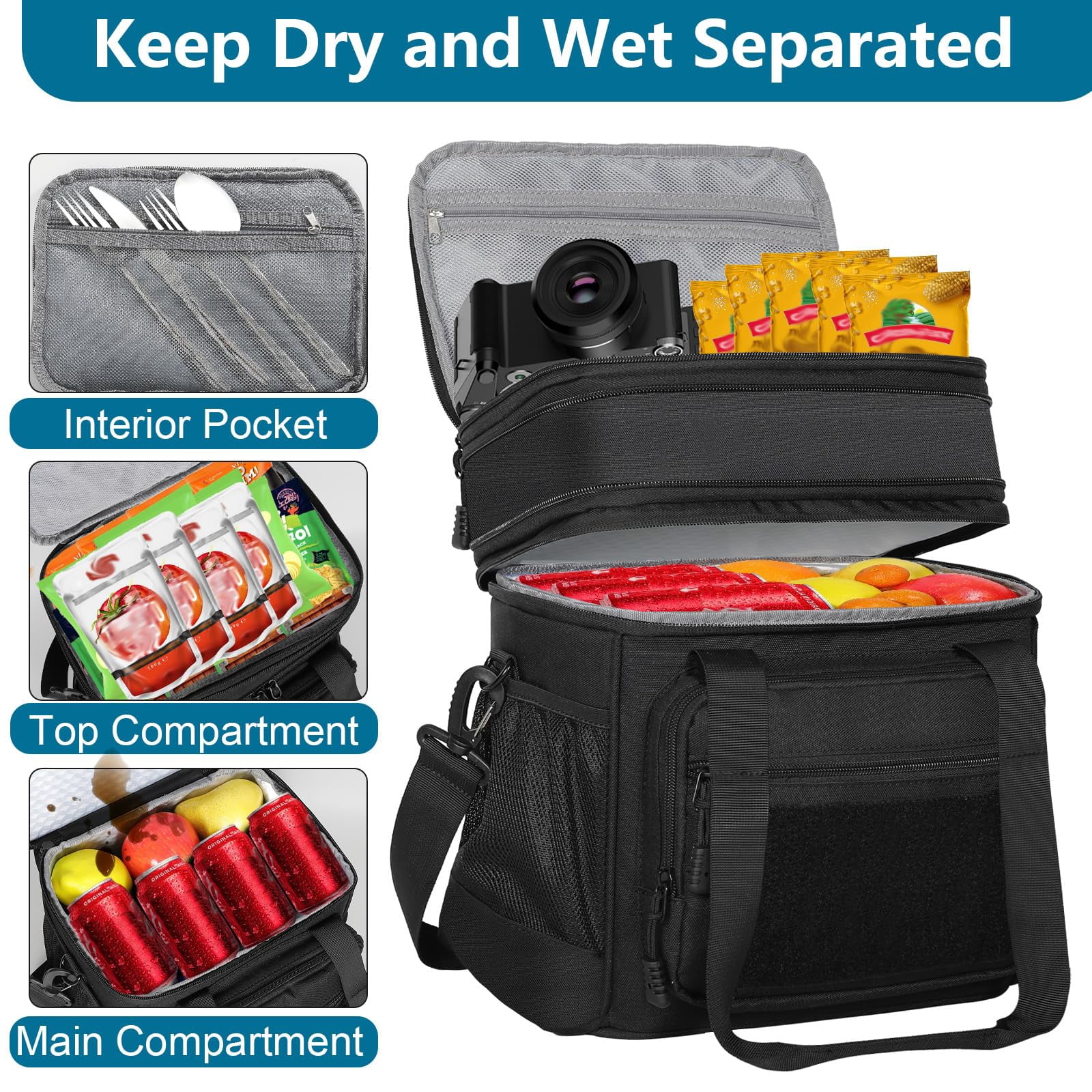 Lunch Box Cooler Bag - Expandable Insulated For Men Women Large Lunchbox Adults Work Shifts Outdoor Trips Black 16l