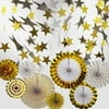 Hola Fiesta | Gold Paper Fans Flower and 4mX2 Gold Stars Hangings for Celebration/Wedding/Carnival/Happy Birthday/Welcome Party Decorations,Gold