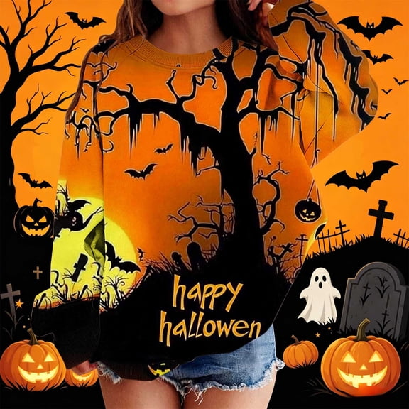 HAOTAGS Girls Halloween Sweatshirt,Printed Relaxed Long Sleeve Crewneck Tops Orange Size 10