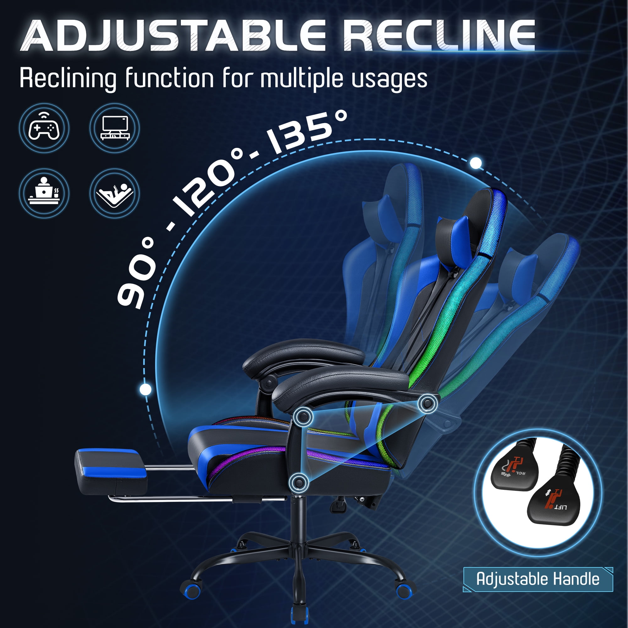 Homall RGB Gaming Chair with APP & Remote Control, LED Lights Ergonomic Computer Chair with Footrest & Massage Lumbar Support, Blue