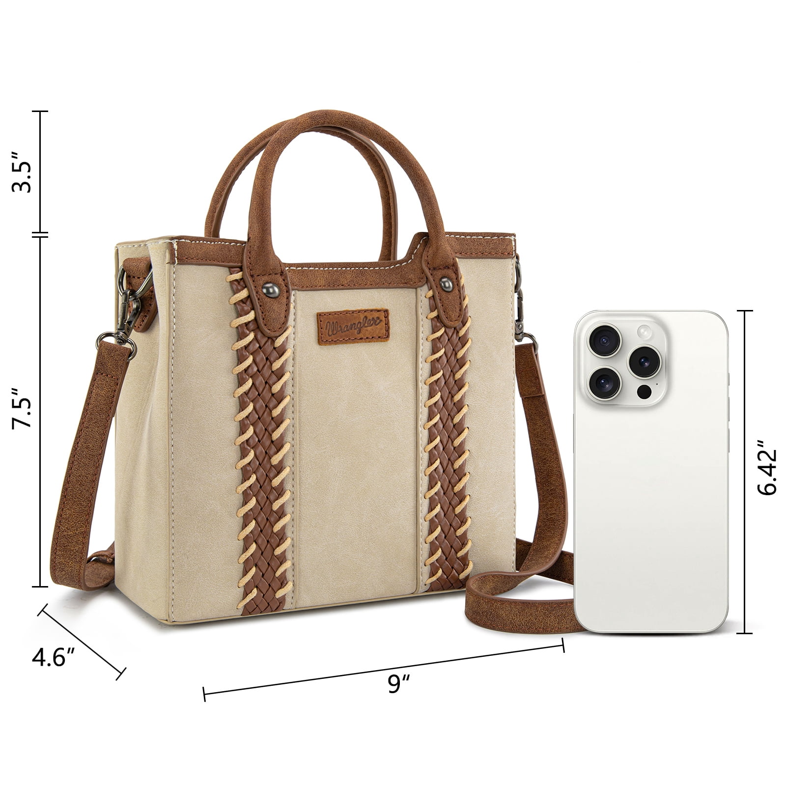 Wrangler Womens Braided Tote Bag Western Style Suede Top Handle Handbag With Detachable Crossbody Strap, Beige