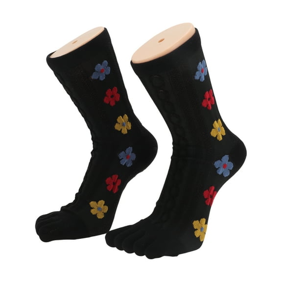 Unique Bargains 1 Pair Five Toe Socks Comfortable Mid-length Cute Flower Socks for Women Black