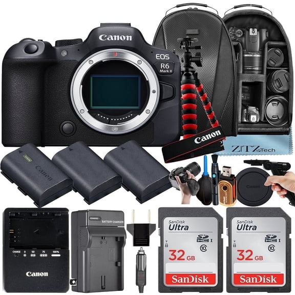 Canon EOS R6 Mark II Mirrorless Camera (Body Only) with 2 Pack 32GB Memory Card   3 Pieces Battery   Backpack   Tripod   ZeeTech Accessory Bundle (International Version)