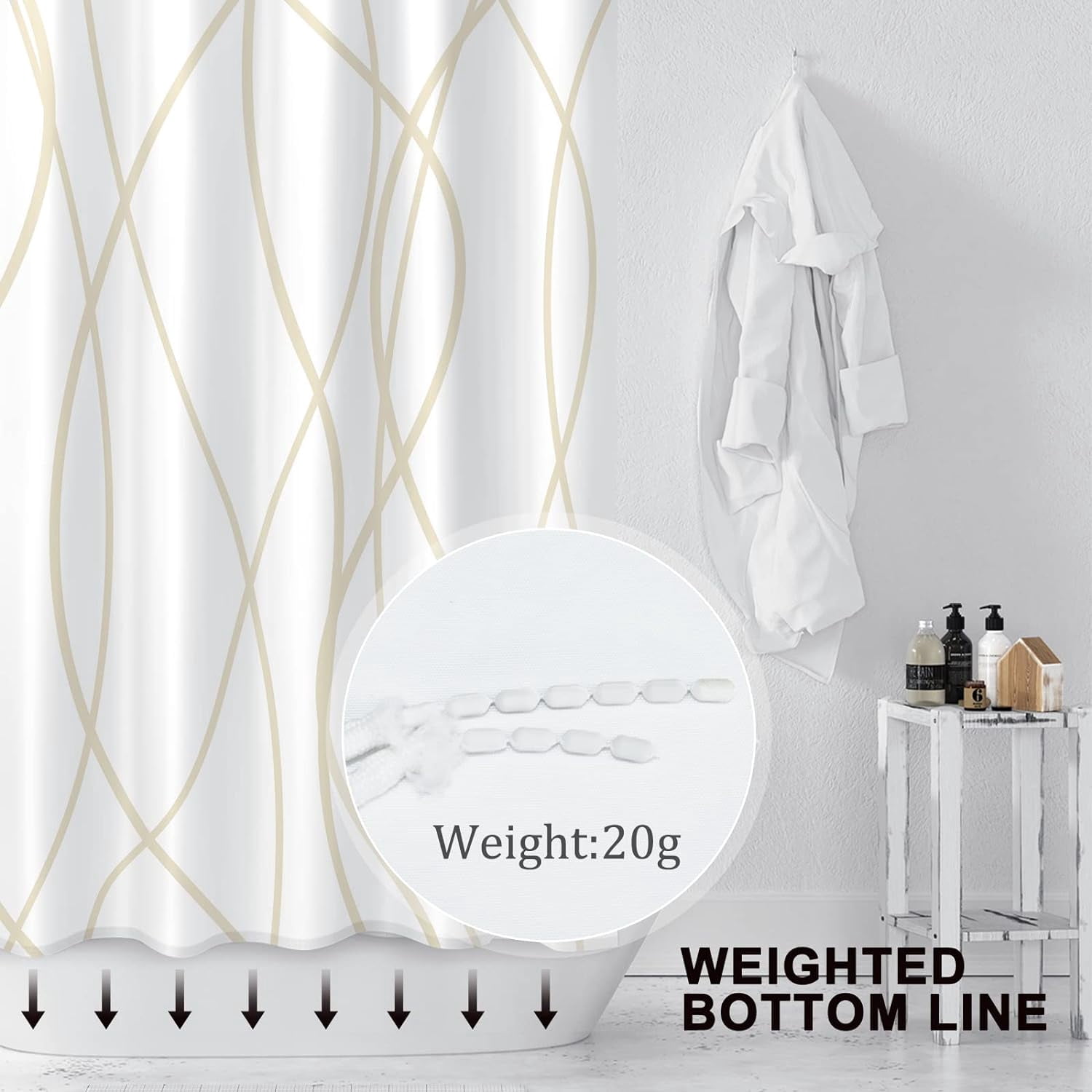 Beige Khaki Shower Curtain for Bathroom with Hooks, Extra Long Shower Curtain Set Stripe Bath Curtains Decorative White Shower Curtains Weighted Hem Water Repellent Washable, 72x72