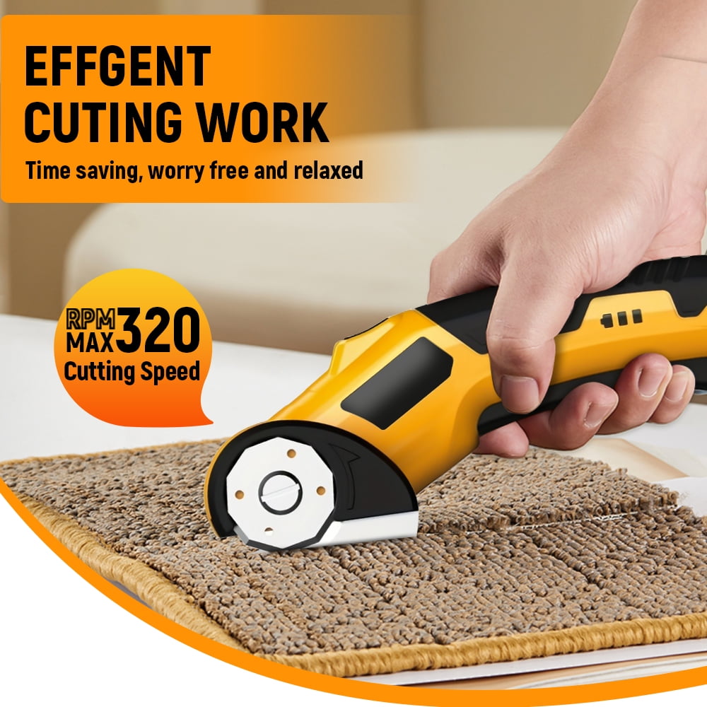 Cordless Electric Scissors,Cardboard Cutter, Rechargeable Cardboard Cutter, 4 Blades, Safety Lock & LED Light, Box Cutter for Carton Carpet Plastic Fabric Leather(Yellow）