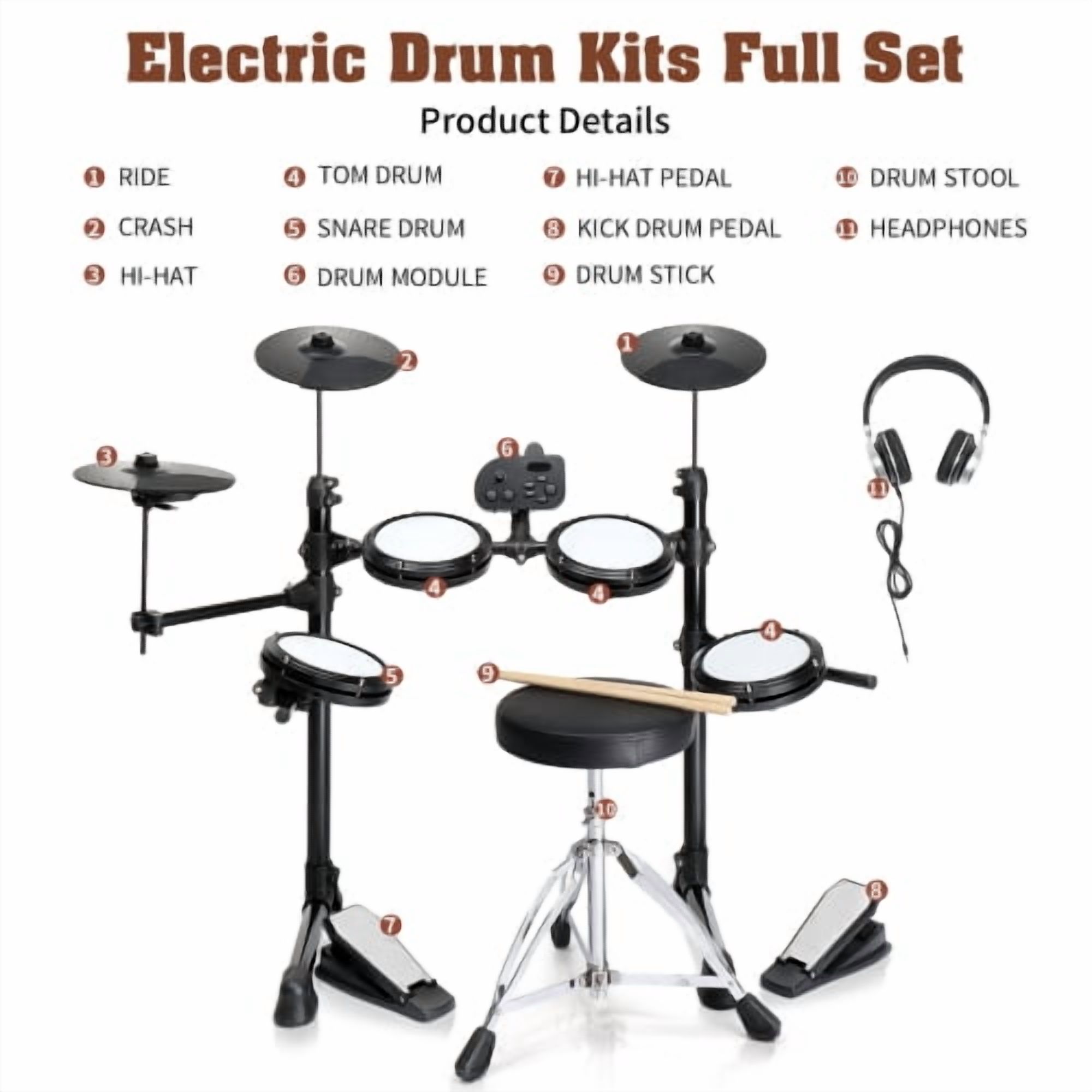 Ktaxon Electronic Drum Set for Beginner with 4 x 7in Drum Pads, 3x 10in Cymbals, 150  Sounds, Drum Module, Headphones, Drumsticks