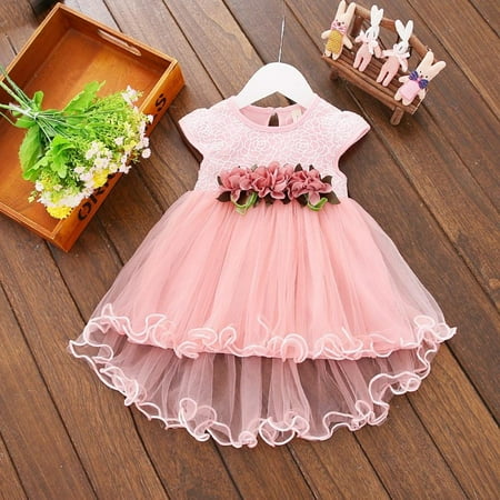 

0-24M Infant Baby Girls Short Sleeve Tutu Dress Kids Lace Flower Princess Tulle Dress