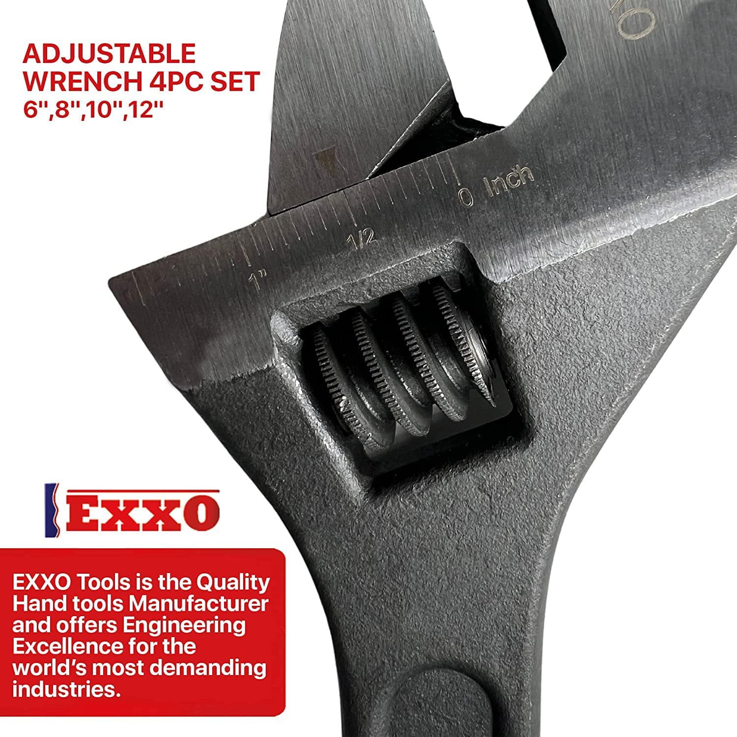 EXXO Tools - Standard Crescent Tool 4 Piece Set Includes 6, 8,10,12 inch Adjustable Steel Wrenches
